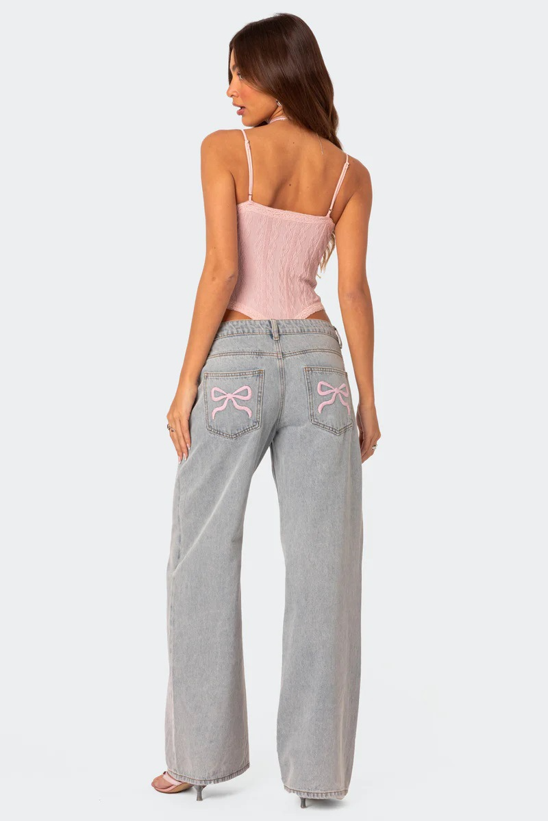 Embroidered Bow Pocket Jeans