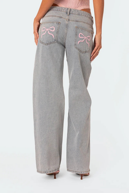 Embroidered Bow Pocket Jeans